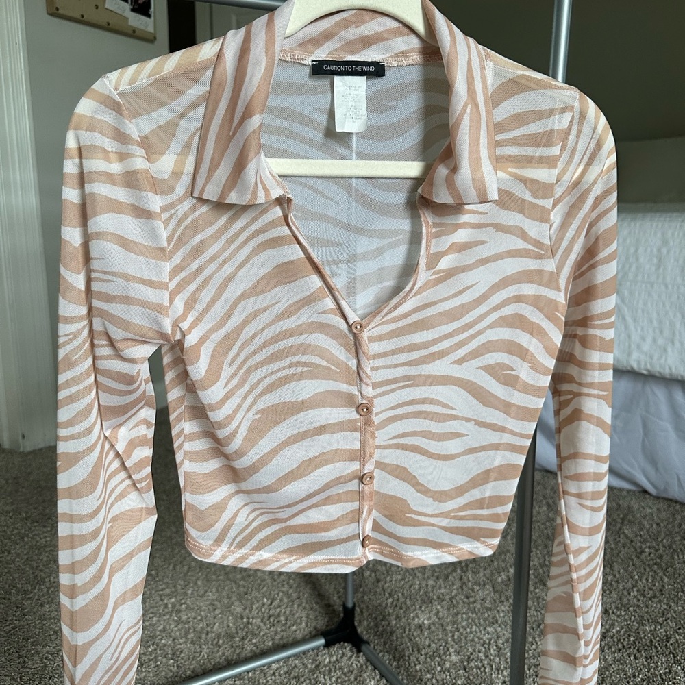 Caution To The Wind Cream and Tan Zebra Button-Down Shirt